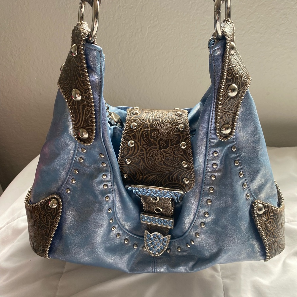 RARE Kathy Van Zeeland Metallic Blue and Silver Hobo Shoulder Bag
